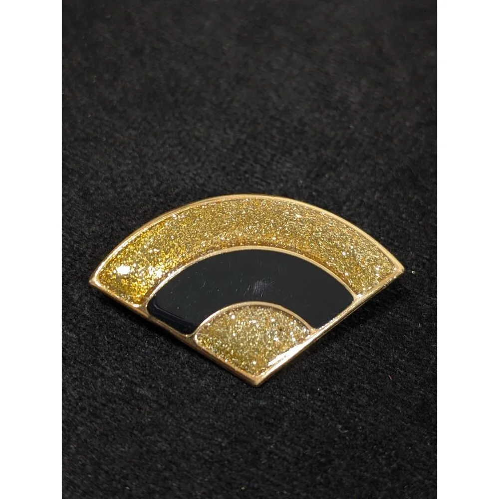 VTG Gold Tone‎ Glitter Black Enamel Art Deco Fan Curved Brooch pin